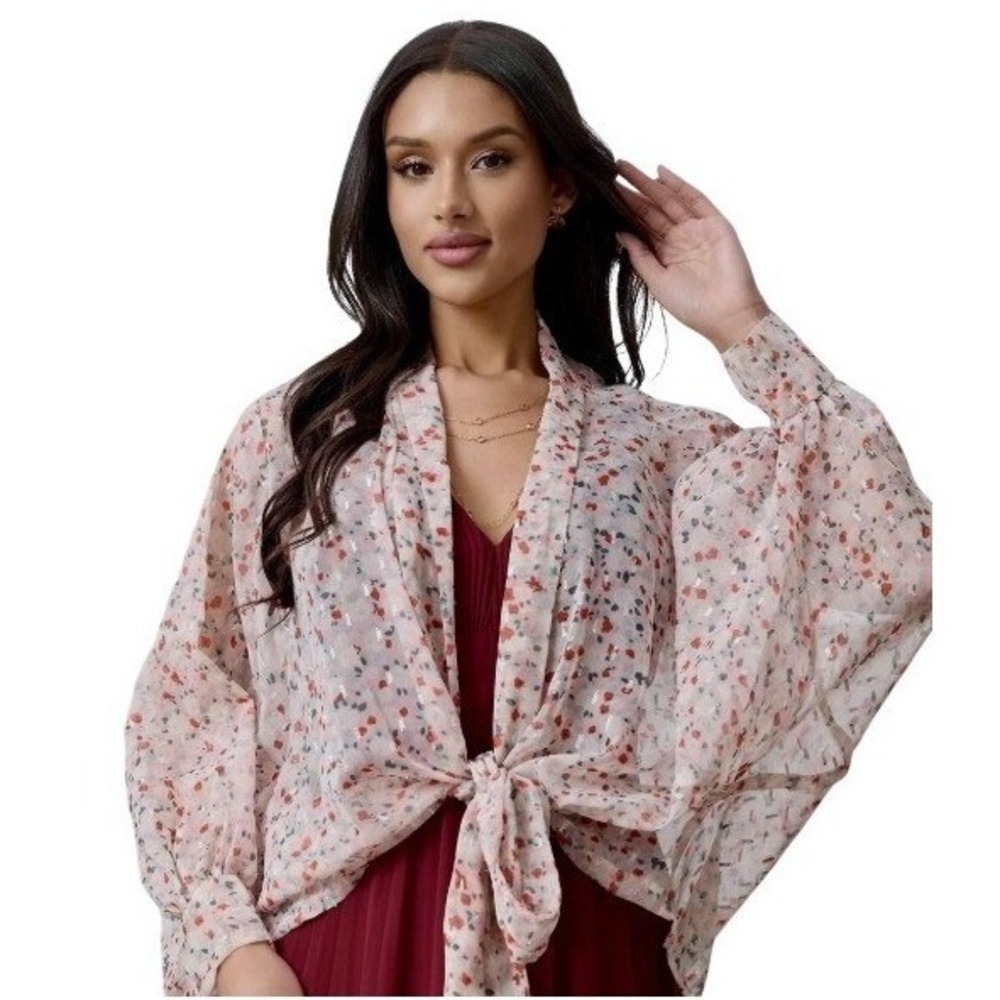 Pilcro Anthropologie Kimono Top Womens OS Pink Floral Metallic Tie Front